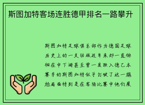 斯图加特客场连胜德甲排名一路攀升