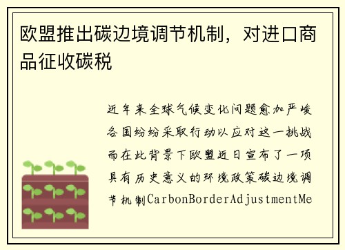 欧盟推出碳边境调节机制，对进口商品征收碳税
