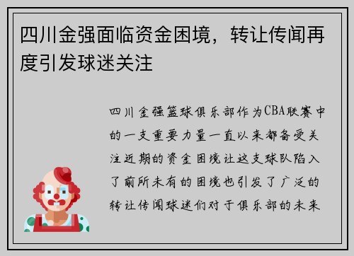 四川金强面临资金困境，转让传闻再度引发球迷关注