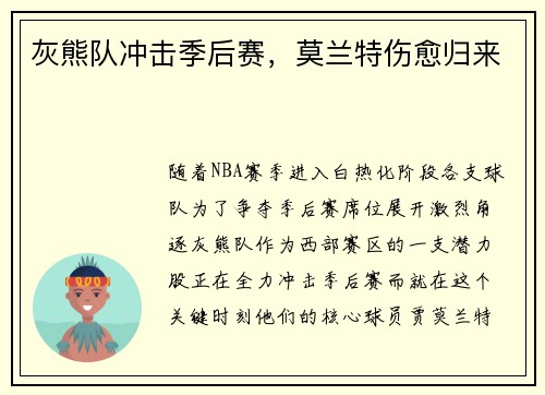 灰熊队冲击季后赛，莫兰特伤愈归来